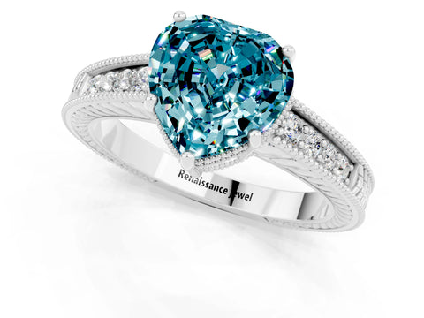 White gold Heart Cut Blue Topaz Engagement Ring with Milgrain Channel Set Band and Prong Setting_1