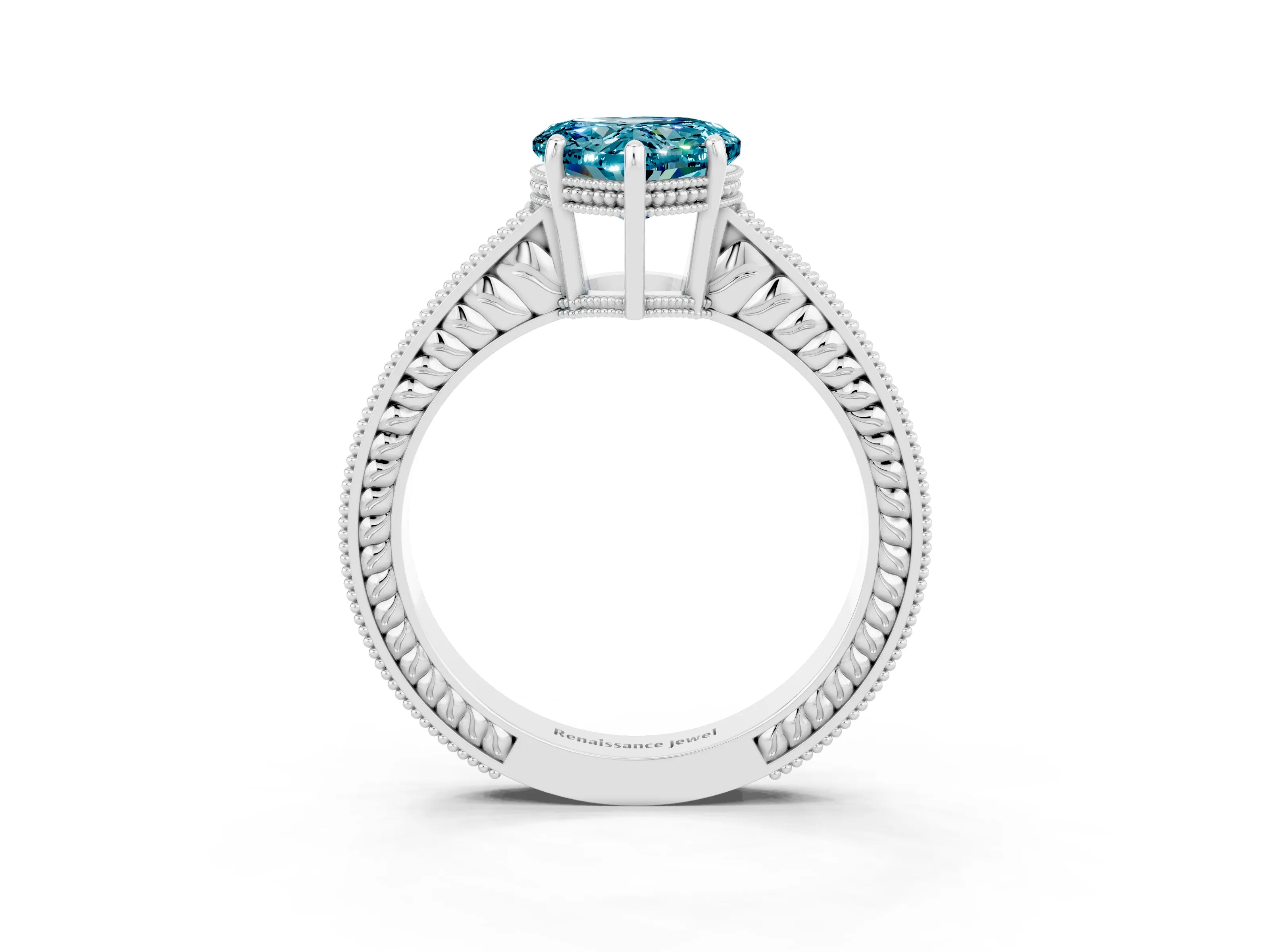 White gold Heart Cut Blue Topaz Engagement Ring with Milgrain Channel Set Band and Prong Setting_3