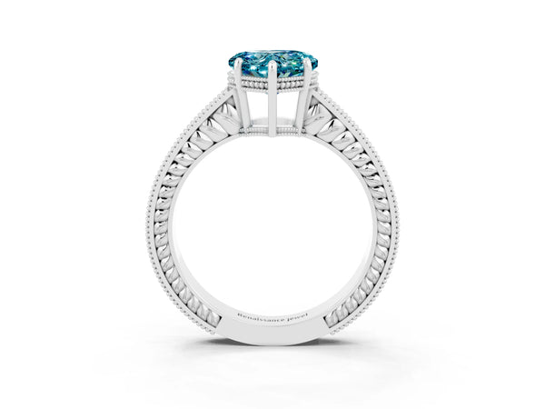 White gold Heart Cut Blue Topaz Engagement Ring with Milgrain Channel Set Band and Prong Setting