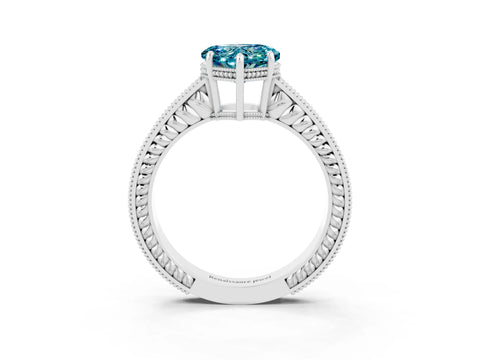 White gold Heart Cut Blue Topaz Engagement Ring with Milgrain Channel Set Band and Prong Setting_3