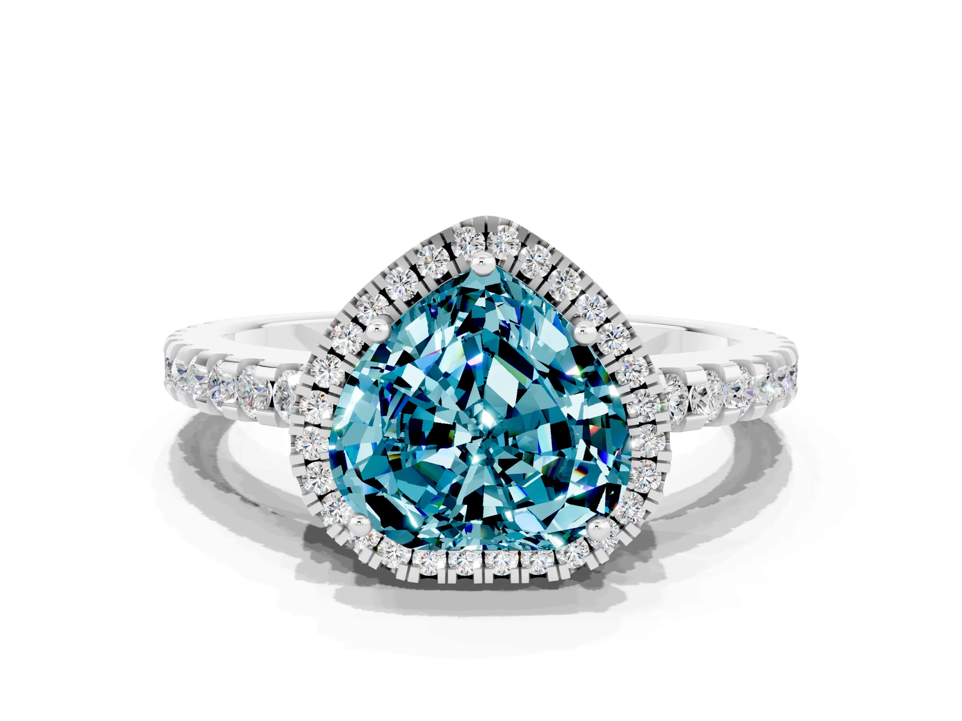 White gold Heart Cut Blue Topaz Halo Engagement Ring with Pavé Band and Prong Setting_12