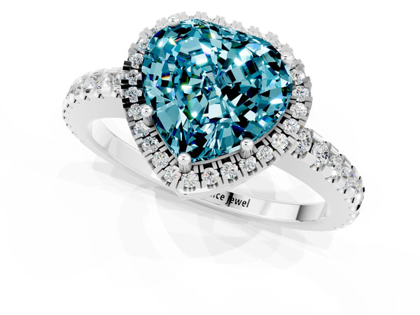 White gold Heart Cut Blue Topaz Halo Engagement Ring with Pavé Band and Prong Setting
