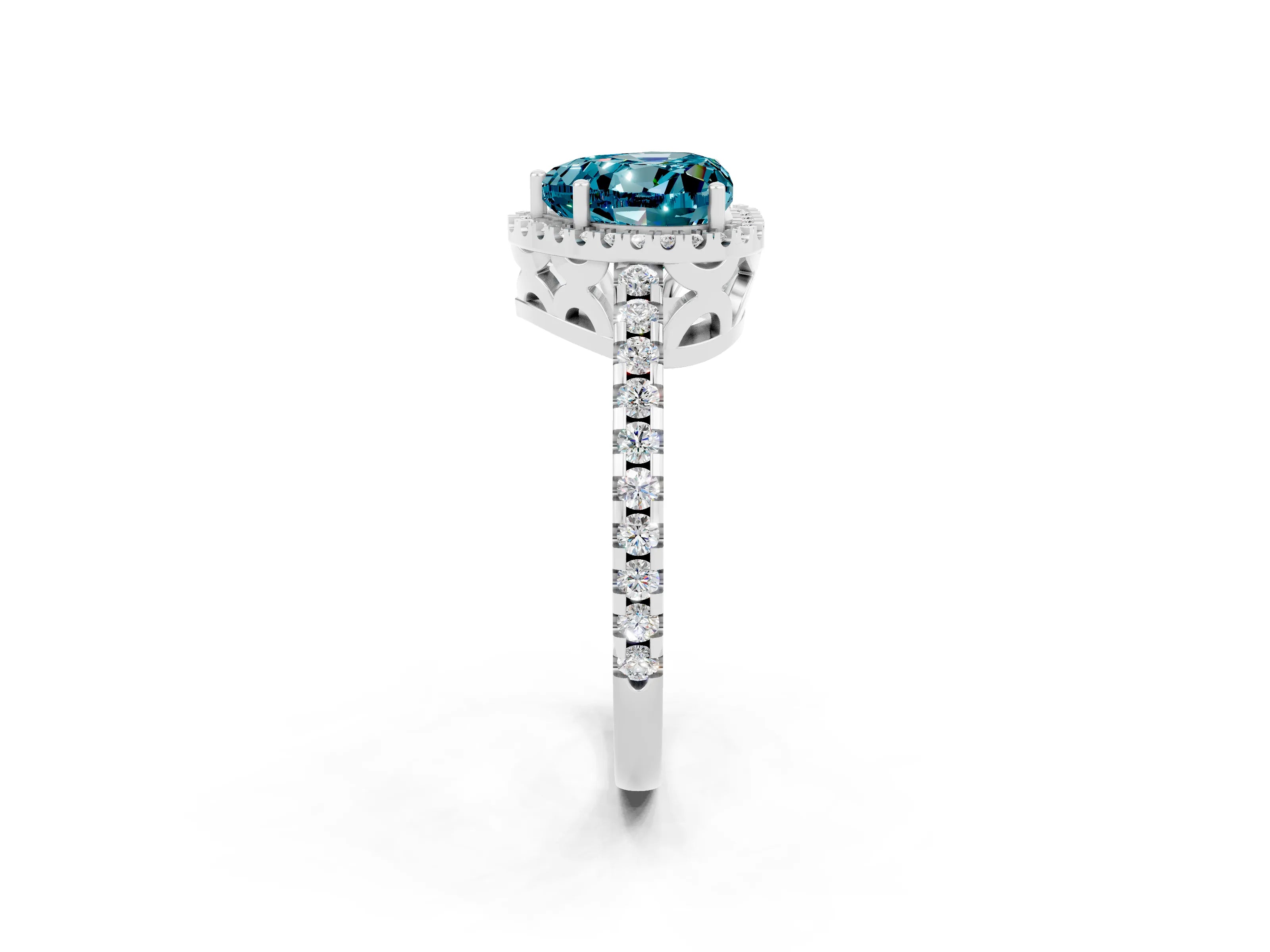 White gold Heart Cut Blue Topaz Halo Engagement Ring with Pavé Band and Prong Setting_14