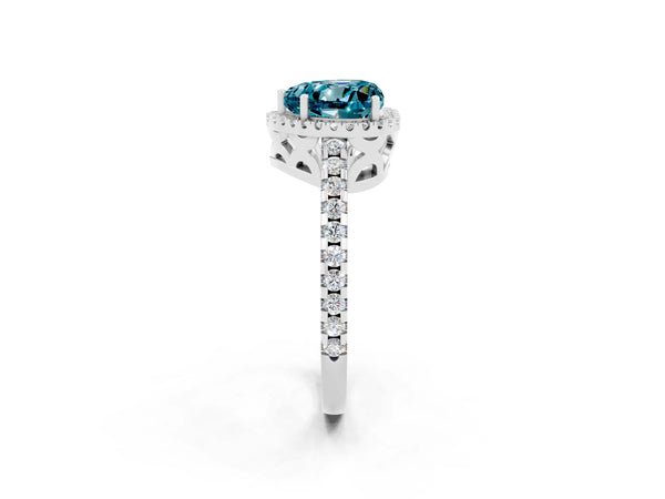 Silver Heart Cut Blue Topaz Halo Engagement Ring with Pavé Band and Prong Setting