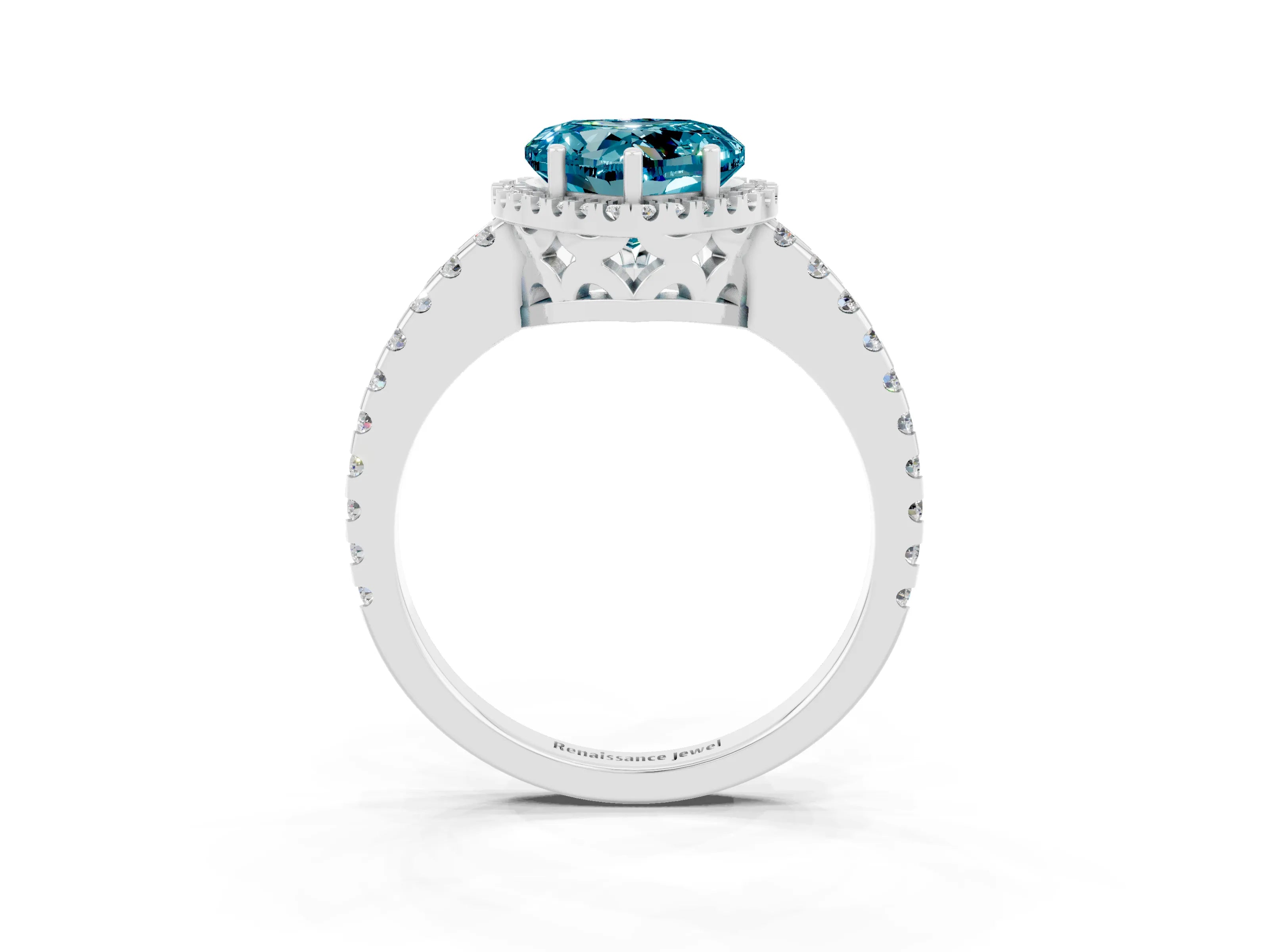 White gold Heart Cut Blue Topaz Halo Engagement Ring with Pavé Band and Prong Setting_15