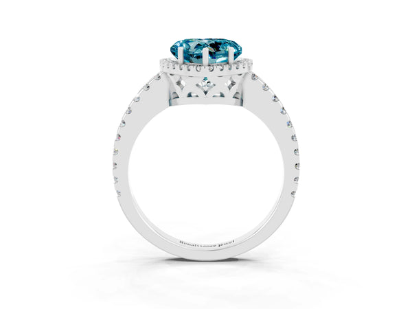 Silver Heart Cut Blue Topaz Halo Engagement Ring with Pavé Band and Prong Setting
