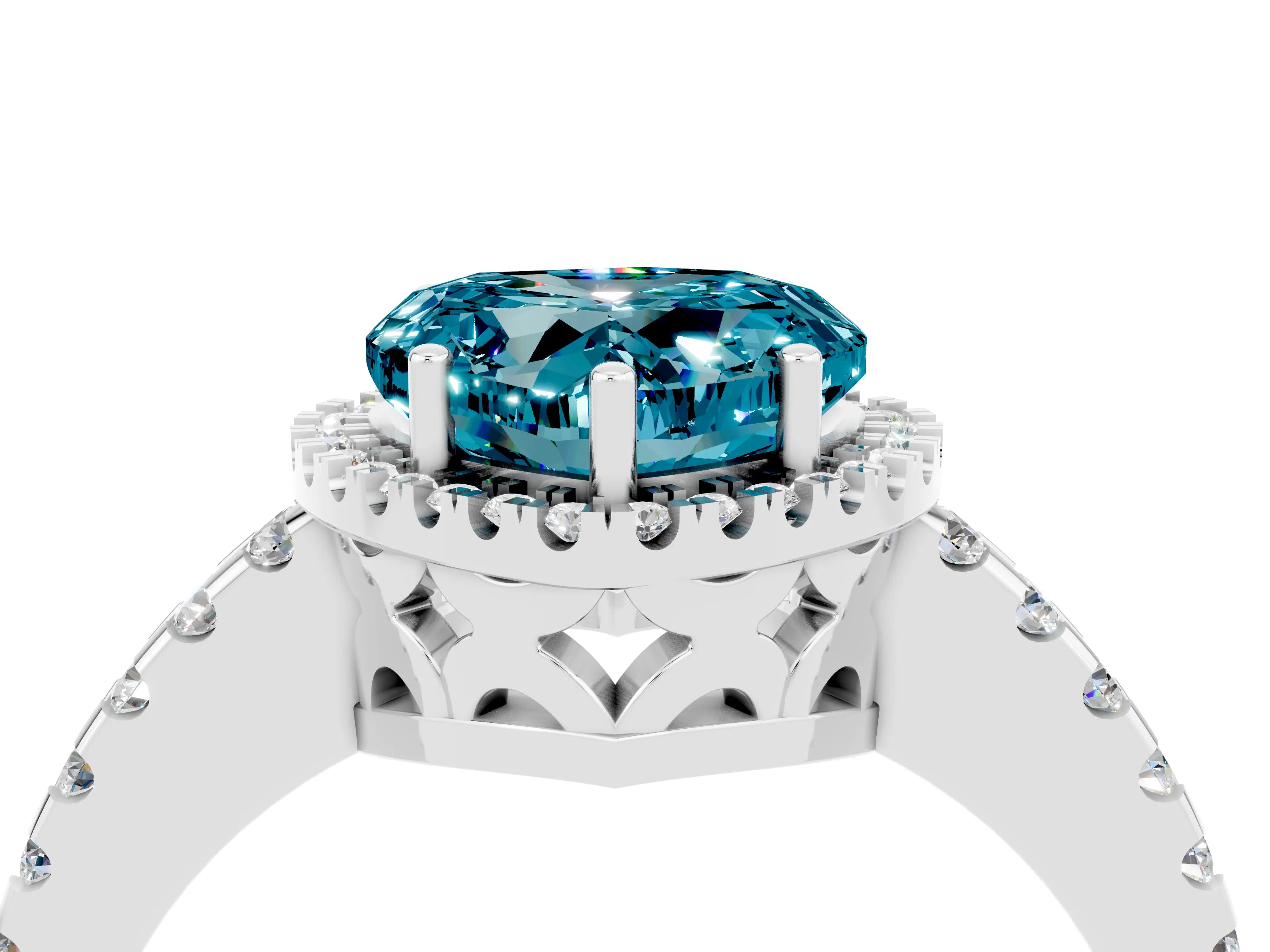 White gold Heart Cut Blue Topaz Halo Engagement Ring with Pavé Band and Prong Setting_16