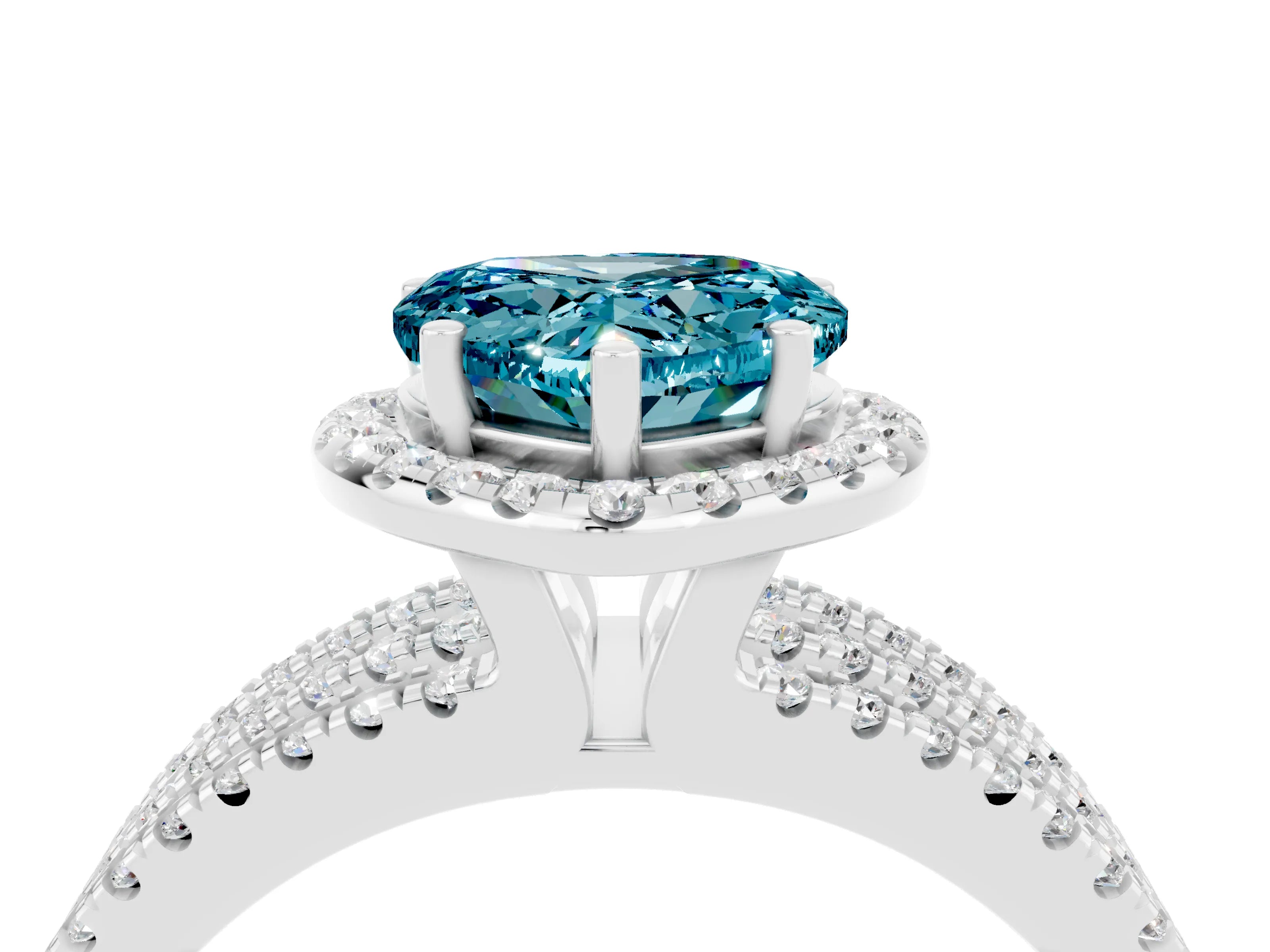 White gold Heart Cut Blue Topaz Halo Engagement Ring with Split Shank and Four-Prong Setting_16
