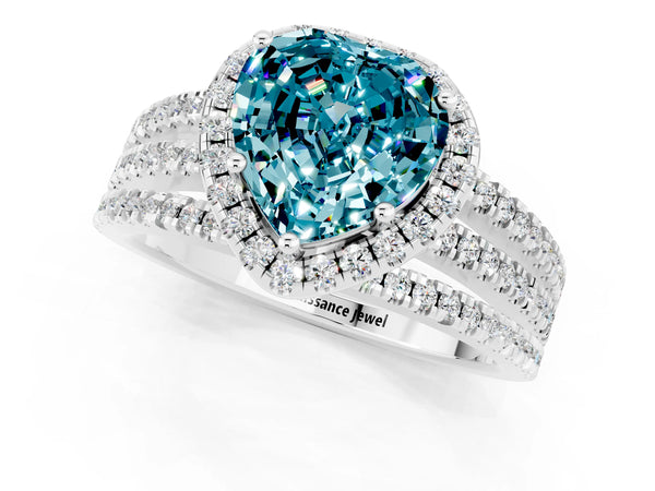 Silver Heart Cut Blue Topaz Halo Engagement Ring with Split Shank and Four-Prong Setting