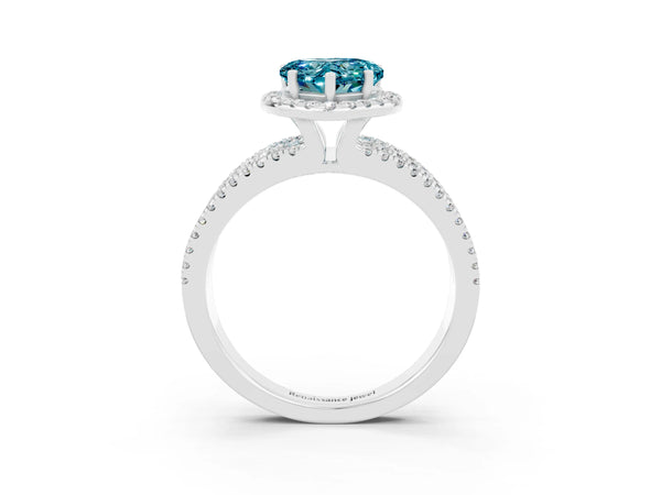 Silver Heart Cut Blue Topaz Halo Engagement Ring with Split Shank and Four-Prong Setting