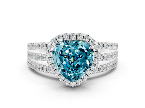 White gold Heart Cut Blue Topaz Halo Engagement Ring with Split Shank and Four-Prong Setting