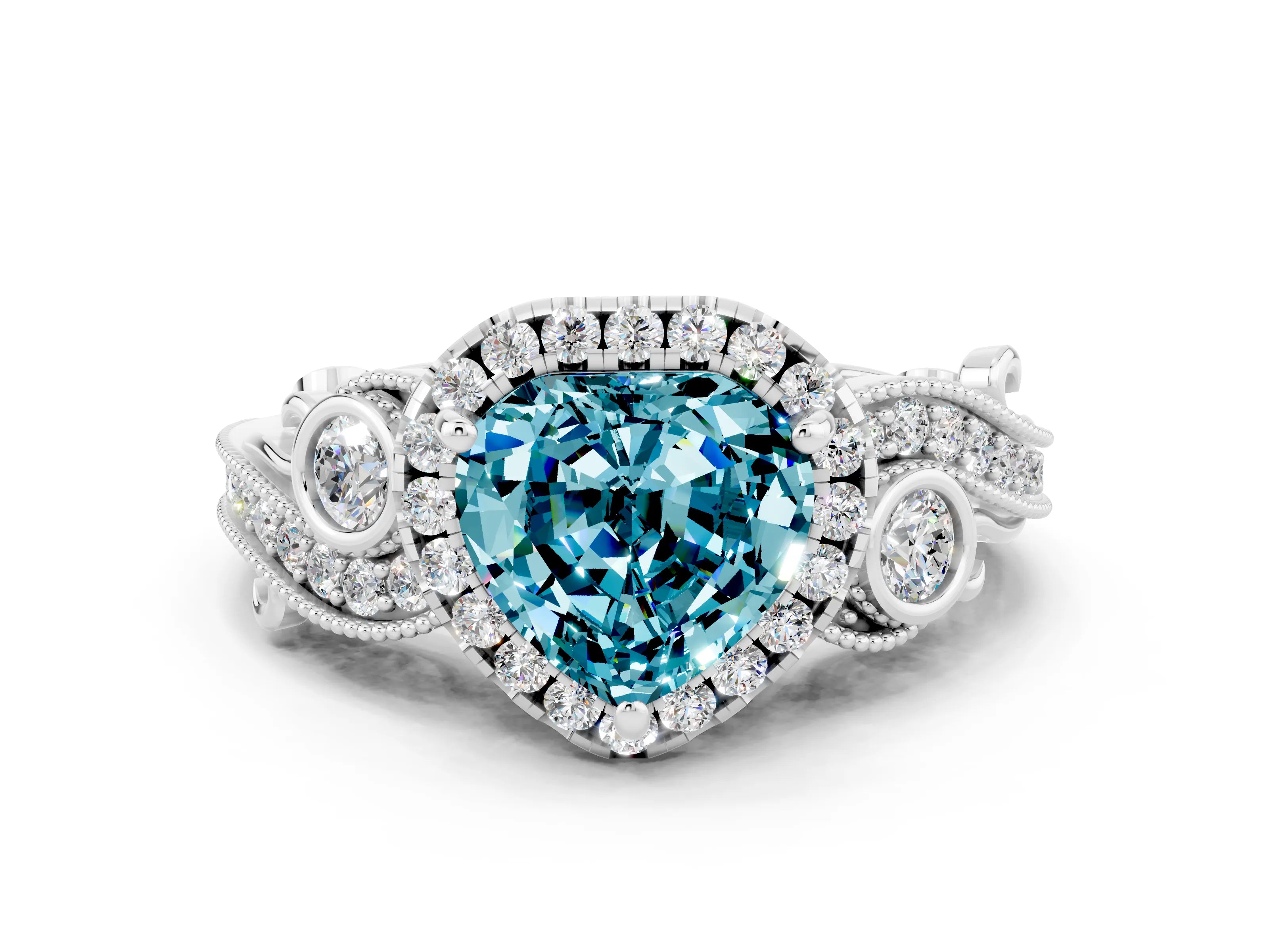 White gold Heart Cut Blue Topaz Halo Ring with Milgrain Pavé Band and Four-Prong Setting_12