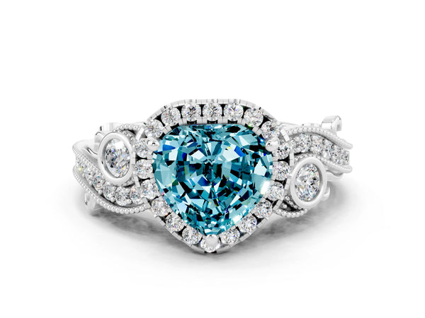 Silver Heart Cut Blue Topaz Halo Ring with Milgrain Pavé Band and Four-Prong Setting