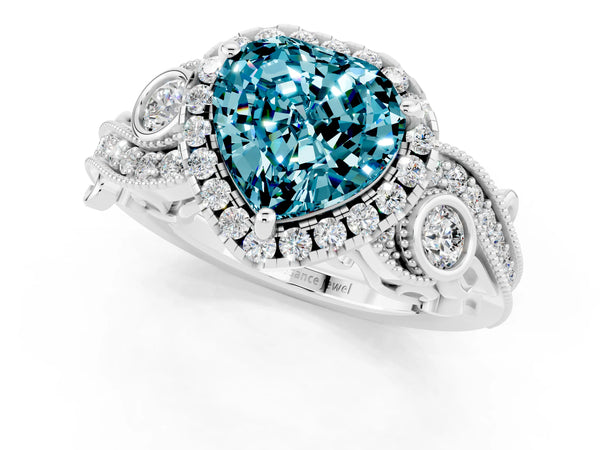 Silver Heart Cut Blue Topaz Halo Ring with Milgrain Pavé Band and Four-Prong Setting
