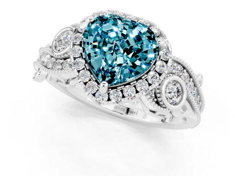 White gold Heart Cut Blue Topaz Halo Ring with Milgrain Pavé Band and Four-Prong Setting_13