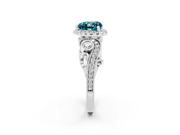 Platinum Heart Cut Blue Topaz Halo Ring with Milgrain Pavé Band and Four-Prong Setting
