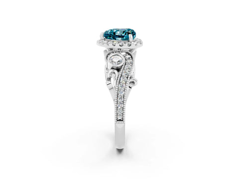 White gold Heart Cut Blue Topaz Halo Ring with Milgrain Pavé Band and Four-Prong Setting_14
