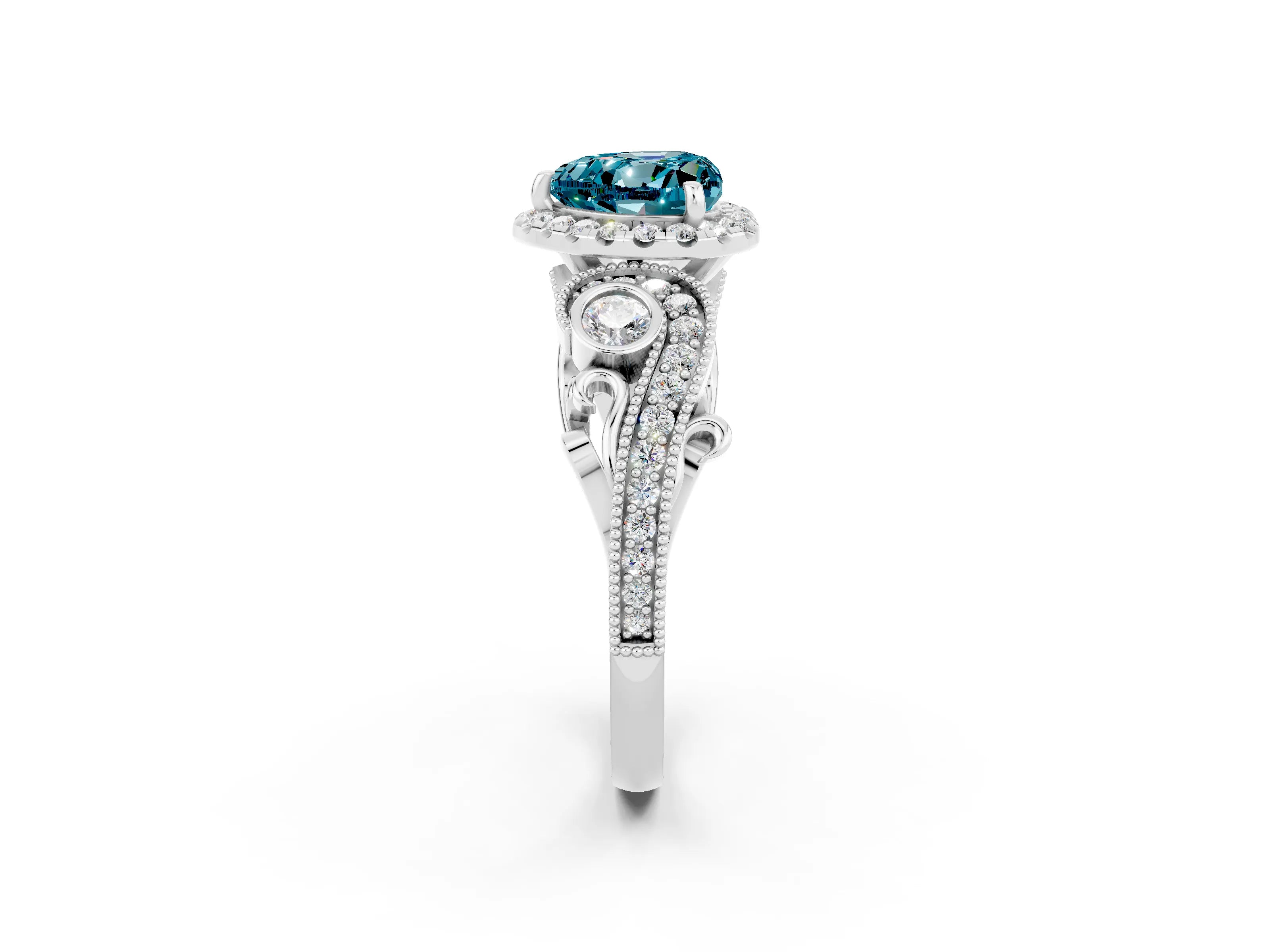 White gold Heart Cut Blue Topaz Halo Ring with Milgrain Pavé Band and Four-Prong Setting_14