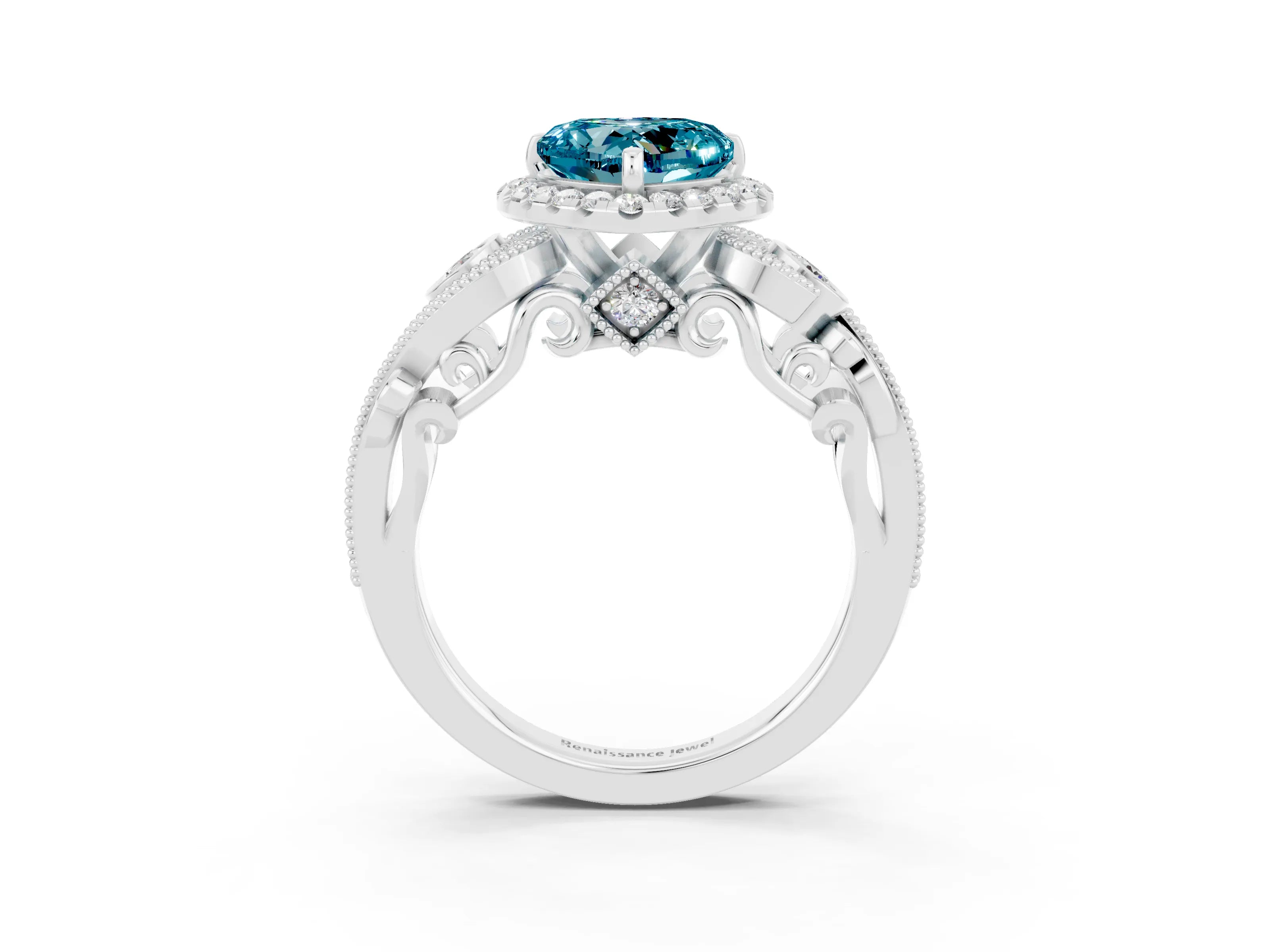 White gold Heart Cut Blue Topaz Halo Ring with Milgrain Pavé Band and Four-Prong Setting_15