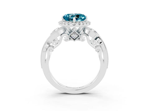 White gold Heart Cut Blue Topaz Halo Ring with Milgrain Pavé Band and Four-Prong Setting_15