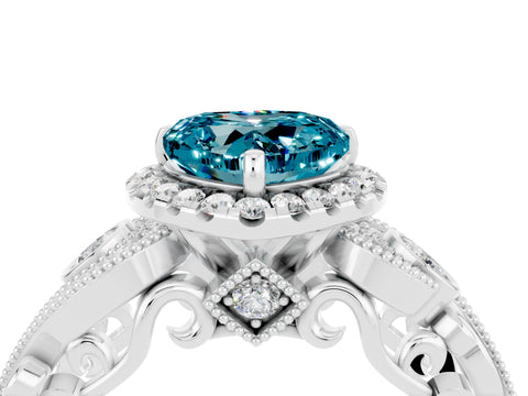White gold Heart Cut Blue Topaz Halo Ring with Milgrain Pavé Band and Four-Prong Setting_16