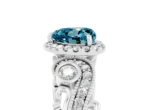 White gold Heart Cut Blue Topaz Halo Ring with Milgrain Pavé Band and Four-Prong Setting_17