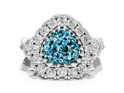 White gold Heart Cut Blue Topaz Halo Ring with Pavé Band and Four-Prong Setting_12