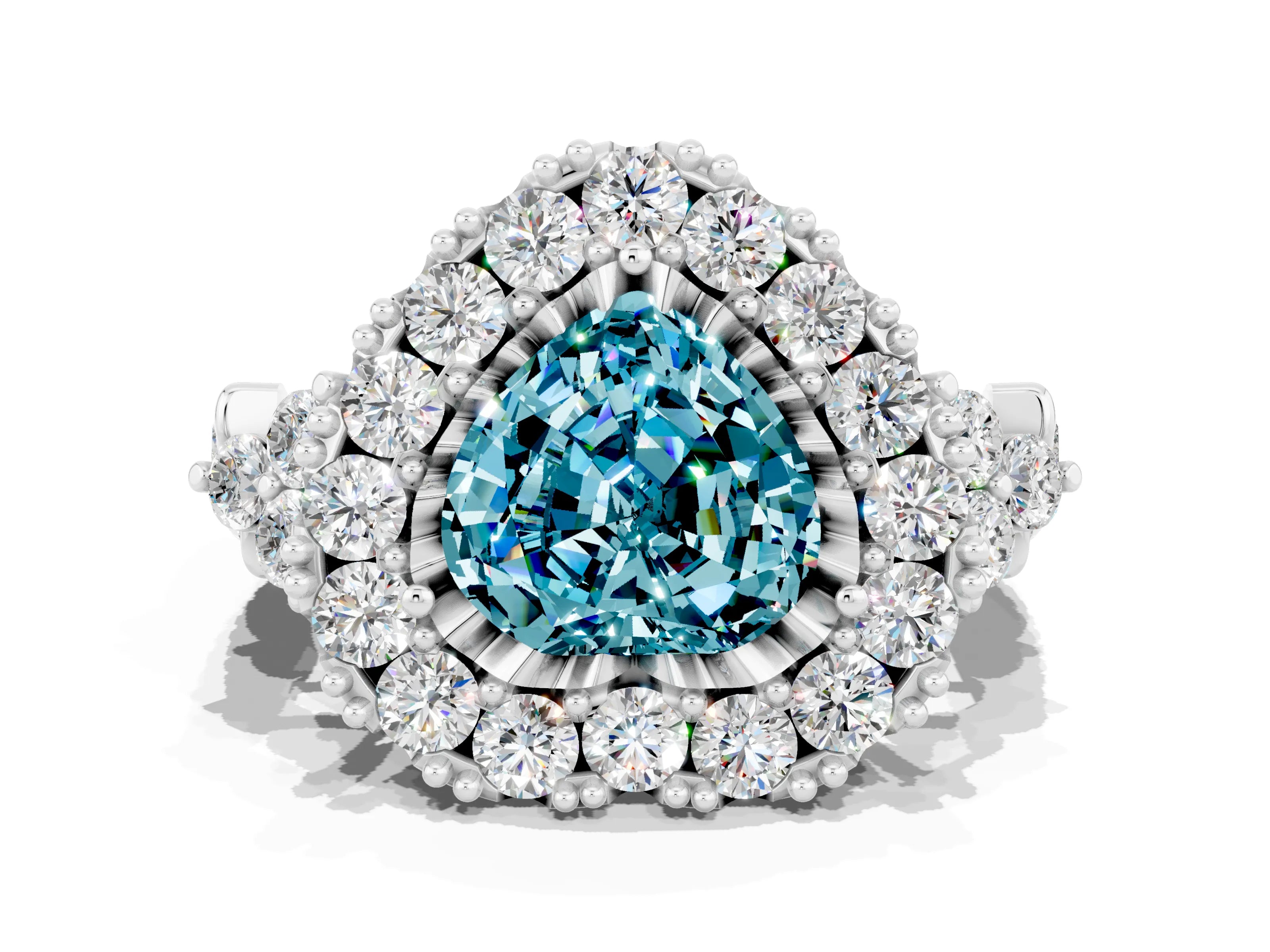 White gold Heart Cut Blue Topaz Halo Ring with Pavé Band and Four-Prong Setting_12