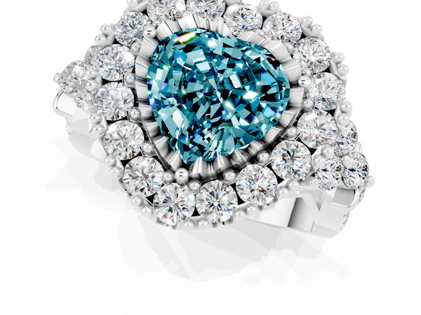 Platinum Heart Cut Blue Topaz Halo Ring with Pavé Band and Four-Prong Setting