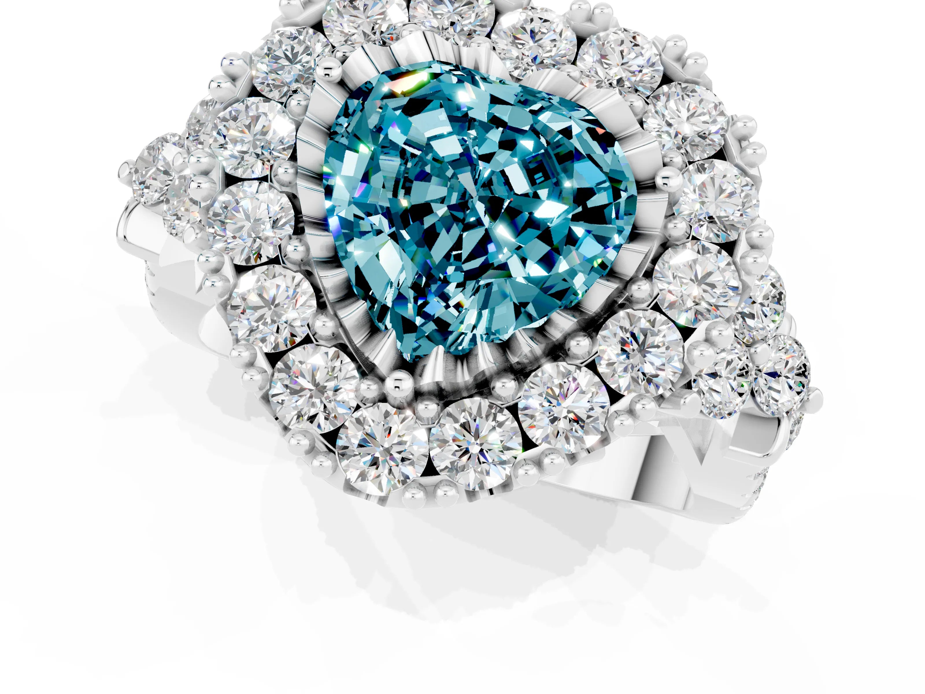 White gold Heart Cut Blue Topaz Halo Ring with Pavé Band and Four-Prong Setting_13