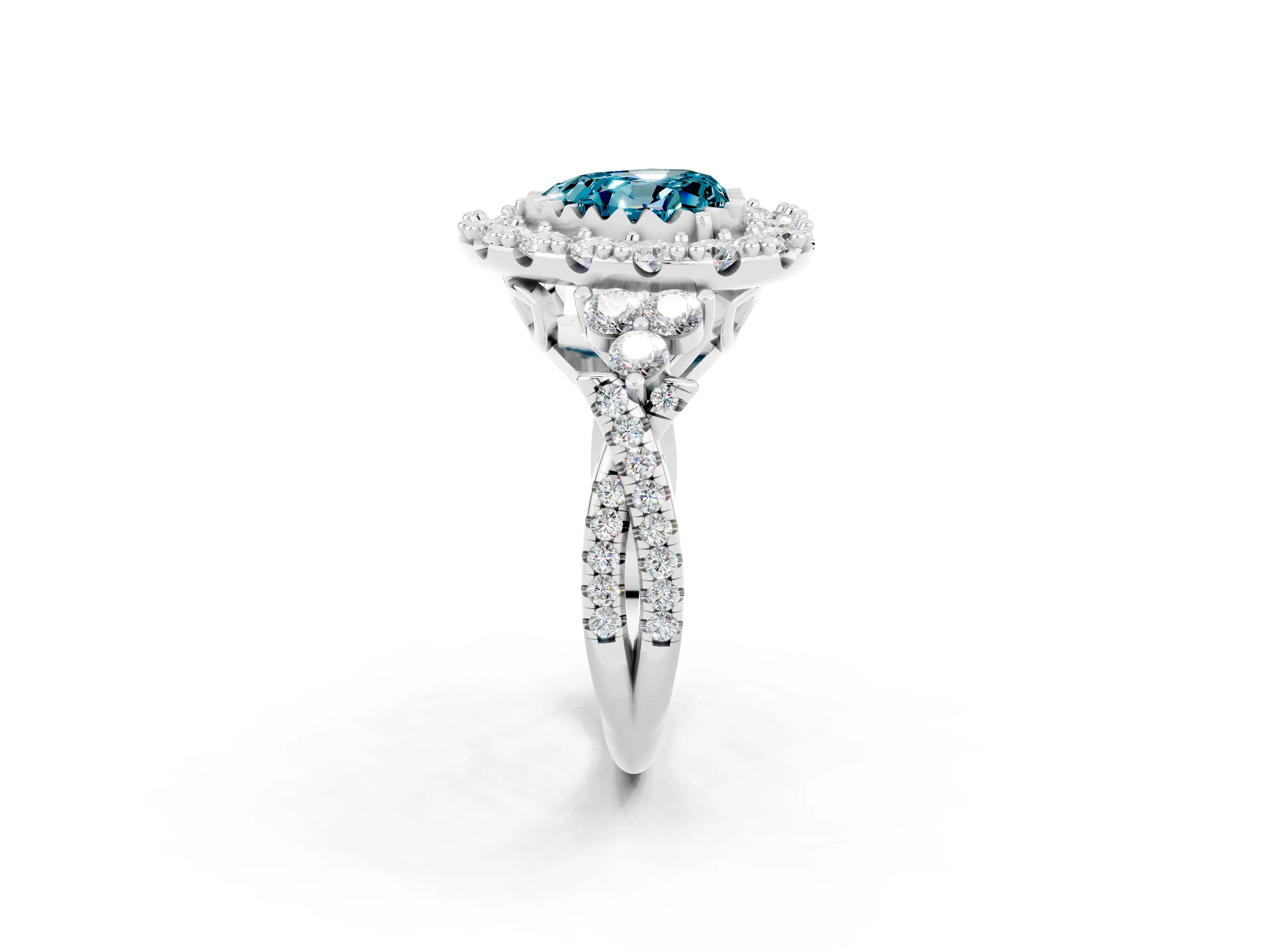 White gold Heart Cut Blue Topaz Halo Ring with Pavé Band and Four-Prong Setting_14