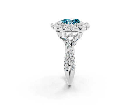 White gold Heart Cut Blue Topaz Halo Ring with Pavé Band and Four-Prong Setting_14