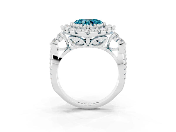 Platinum Heart Cut Blue Topaz Halo Ring with Pavé Band and Four-Prong Setting