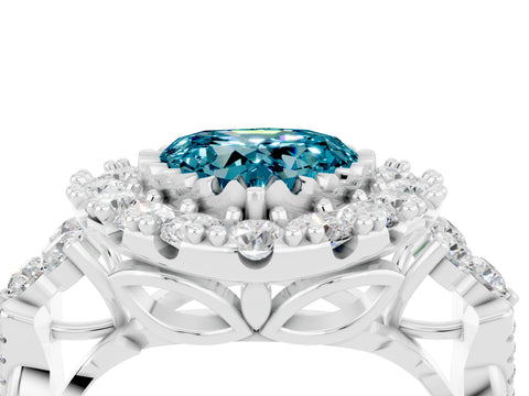 White gold Heart Cut Blue Topaz Halo Ring with Pavé Band and Four-Prong Setting_16