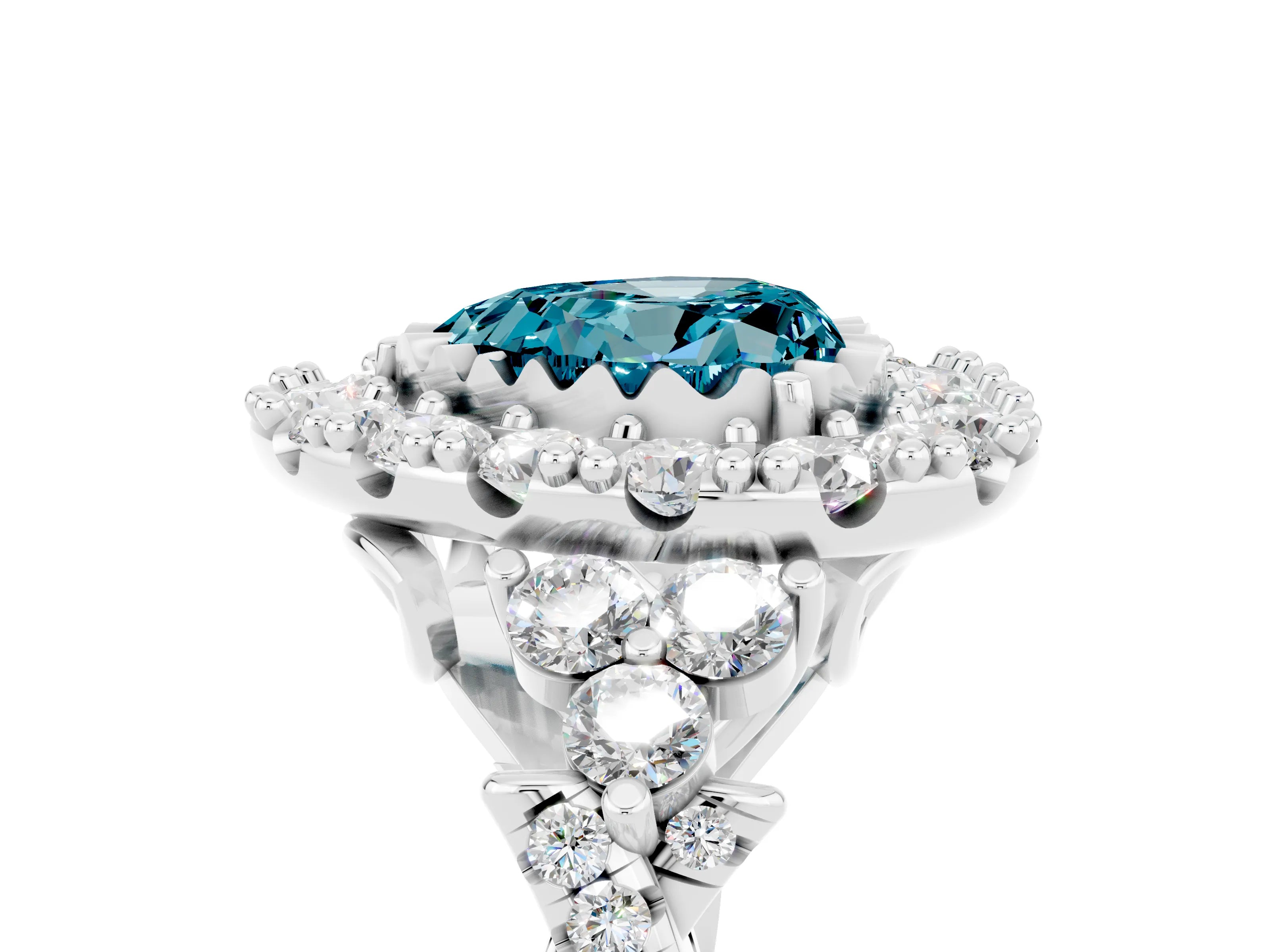 White gold Heart Cut Blue Topaz Halo Ring with Pavé Band and Four-Prong Setting_17