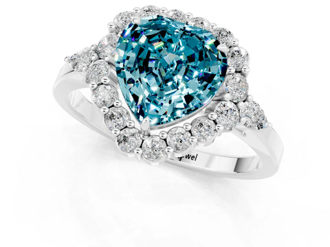 White gold Heart Cut Blue Topaz Halo Ring with Pear Side Stones and Prong Setting_25