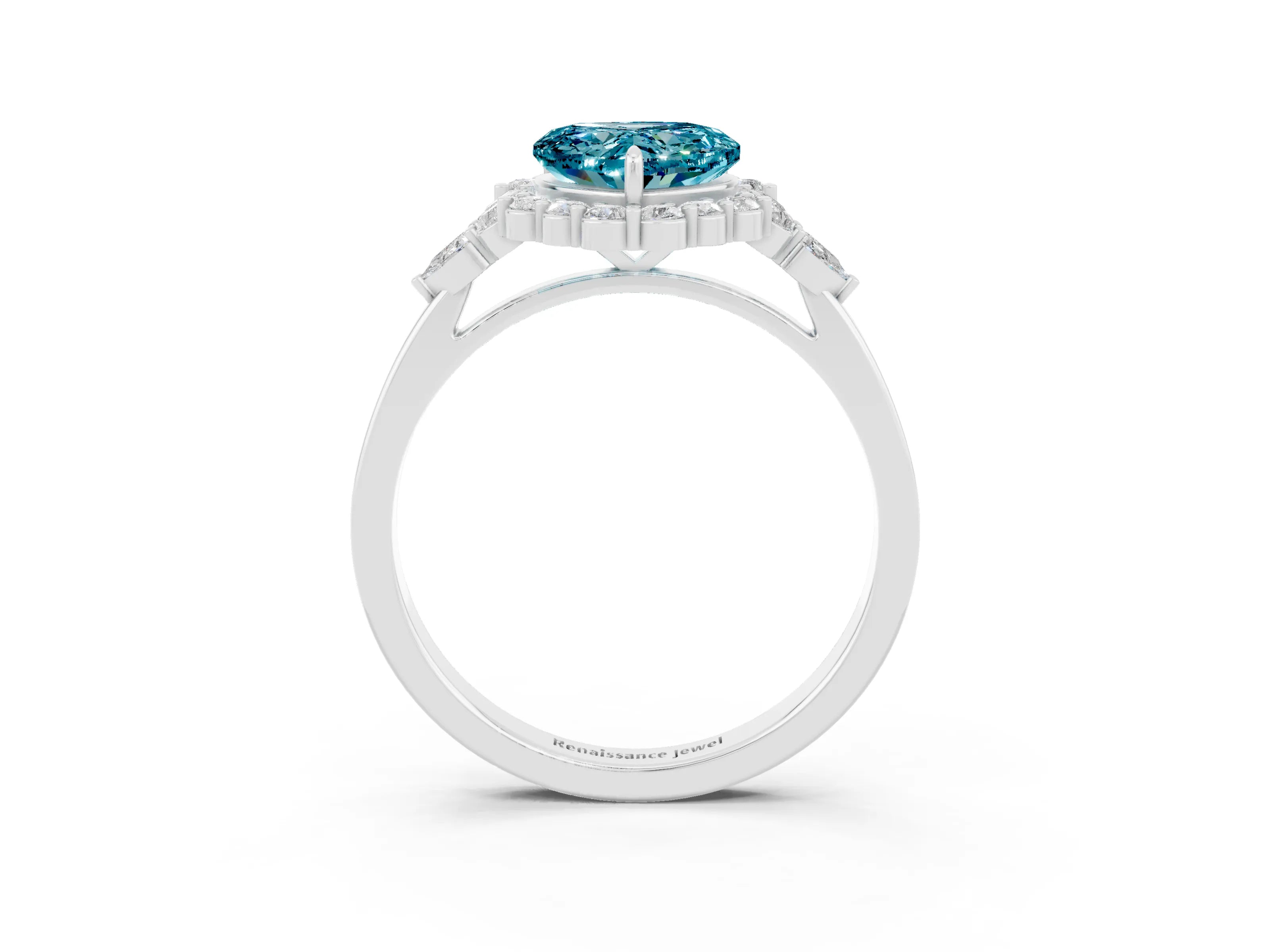 White gold Heart Cut Blue Topaz Halo Ring with Pear Side Stones and Prong Setting_27
