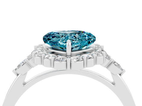 White gold Heart Cut Blue Topaz Halo Ring with Pear Side Stones and Prong Setting_28
