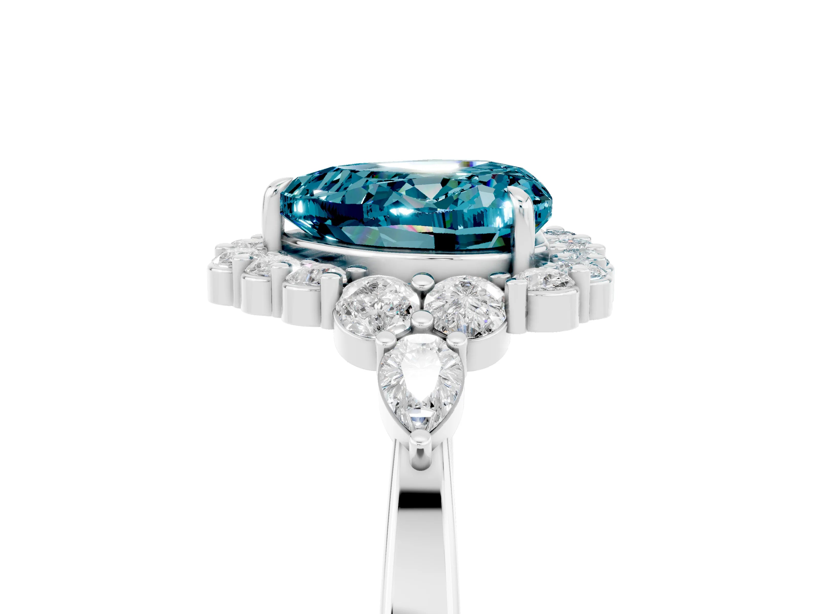 White gold Heart Cut Blue Topaz Halo Ring with Pear Side Stones and Prong Setting_29