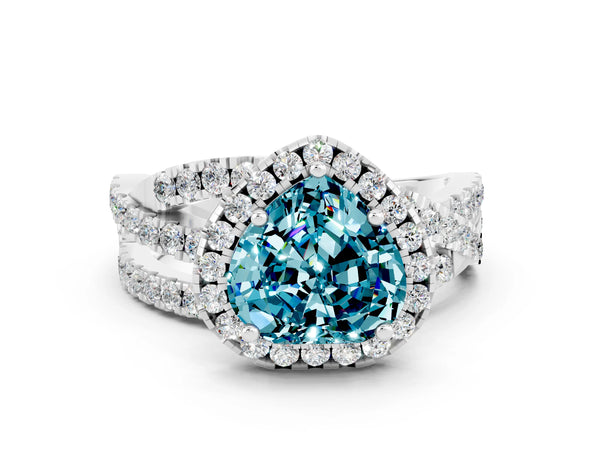 White gold Heart Cut Blue Topaz Halo Ring with Round Split Shank and Prong Setting