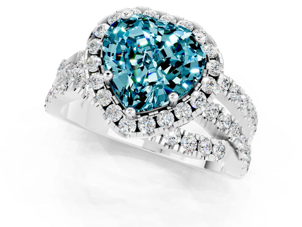 Platinum Heart Cut Blue Topaz Halo Ring with Round Split Shank and Prong Setting