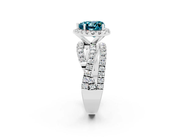 Silver Heart Cut Blue Topaz Halo Ring with Round Split Shank and Prong Setting