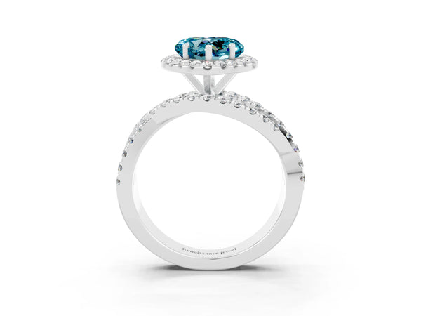 White gold Heart Cut Blue Topaz Halo Ring with Round Split Shank and Prong Setting