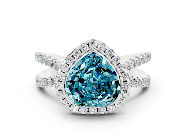 Platinum Heart Cut Blue Topaz Halo Ring with Split Shank Pavé Band and Prong Setting