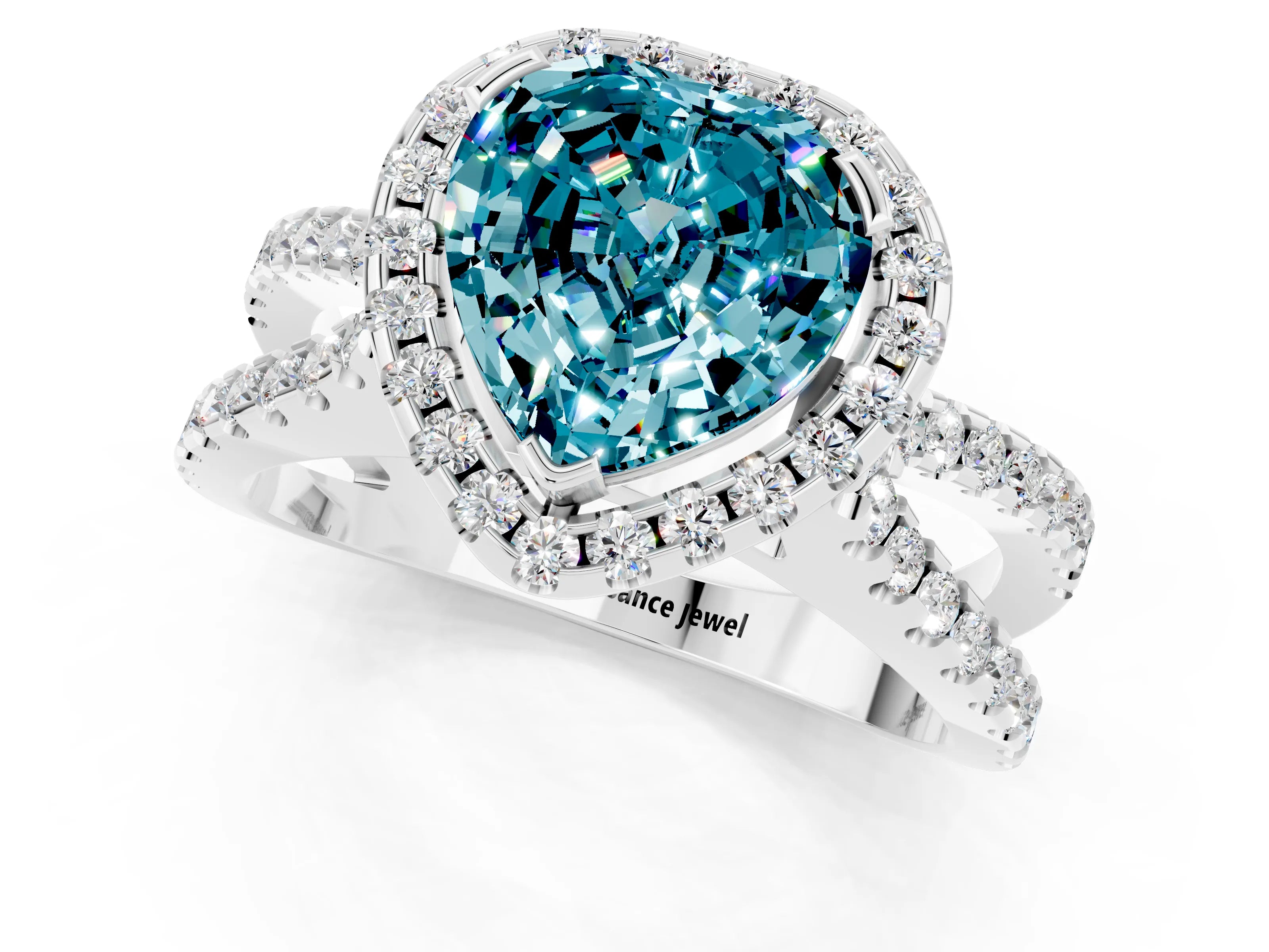 White gold Heart Cut Blue Topaz Halo Ring with Split Shank Pavé Band and Prong Setting_1