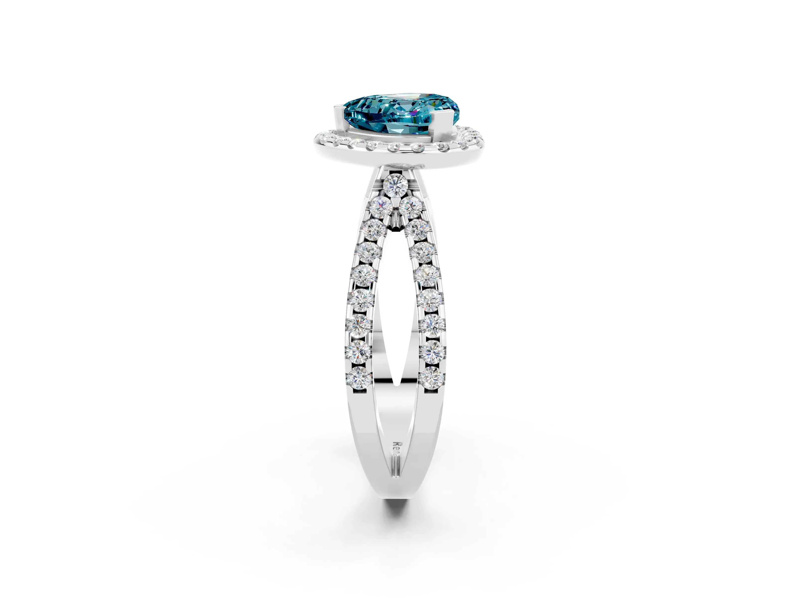 White gold Heart Cut Blue Topaz Halo Ring with Split Shank Pavé Band and Prong Setting_2