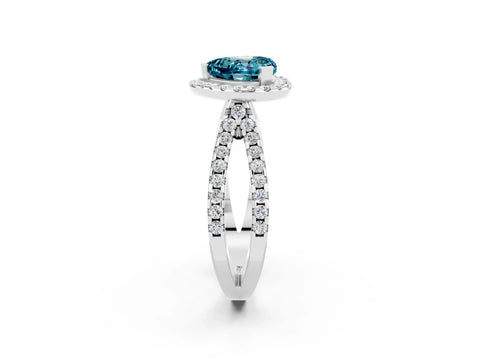 White gold Heart Cut Blue Topaz Halo Ring with Split Shank Pavé Band and Prong Setting_2