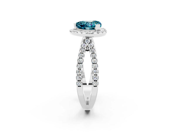 Silver Heart Cut Blue Topaz Halo Ring with Split Shank Pavé Band and Prong Setting
