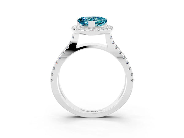 White gold Heart Cut Blue Topaz Halo Ring with Split Shank Pavé Band and Prong Setting