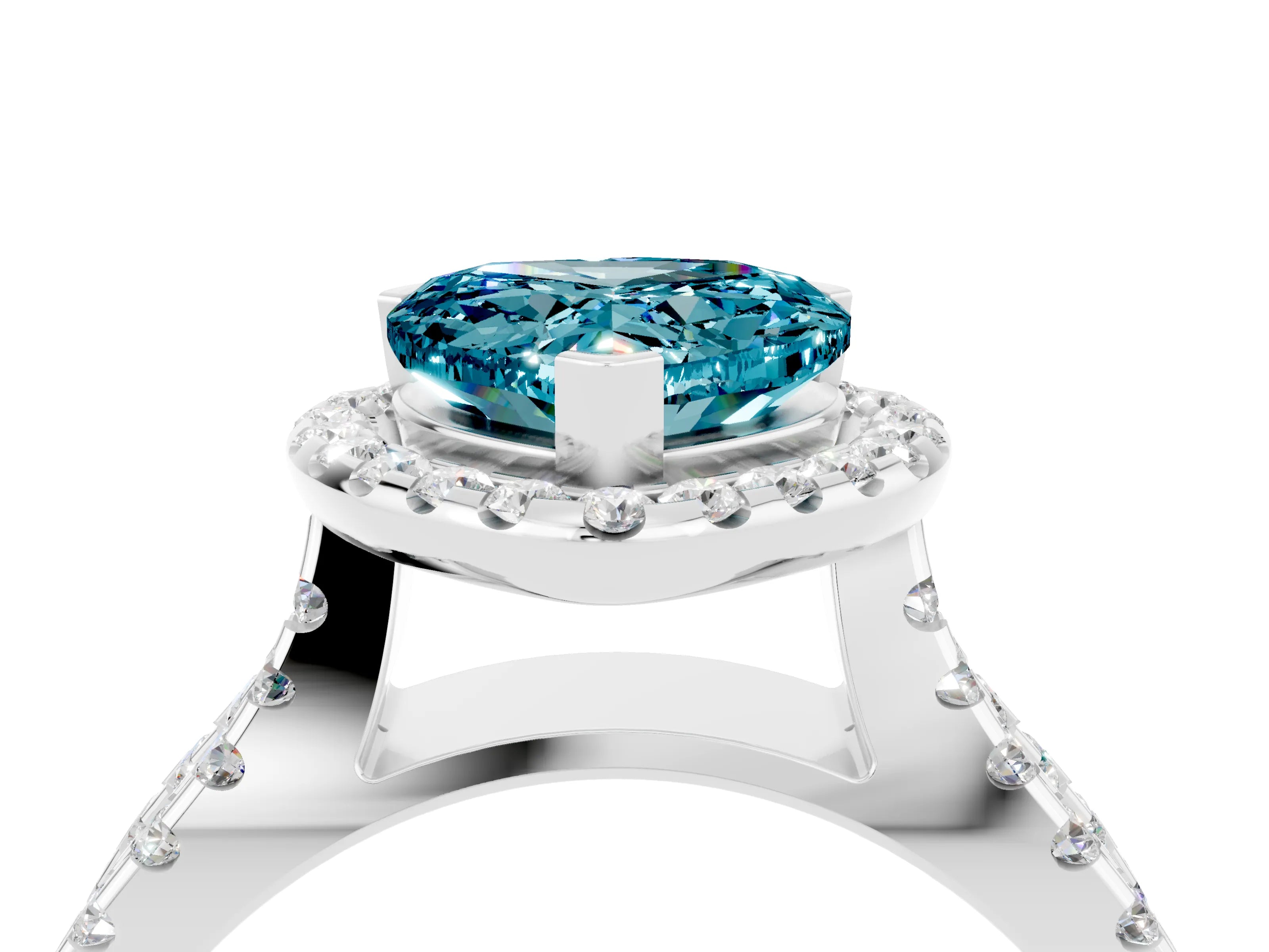 White gold Heart Cut Blue Topaz Halo Ring with Split Shank Pavé Band and Prong Setting_4